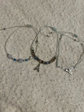 Set of 3 Eiffel Tower Beaded Bracelets in Light Blue and Silver